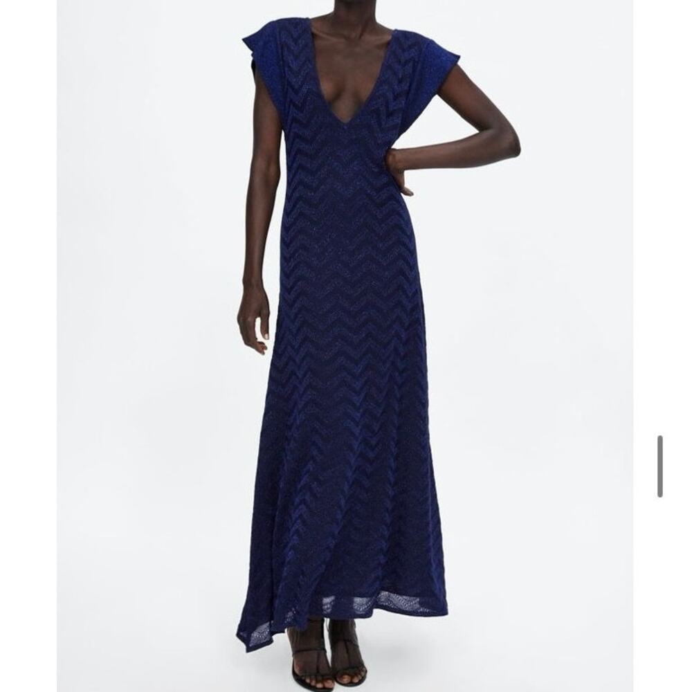 Zara Pointelle Knit Chevron Print Sexy Midi Dress Metallic Blue Thread Retro 70s